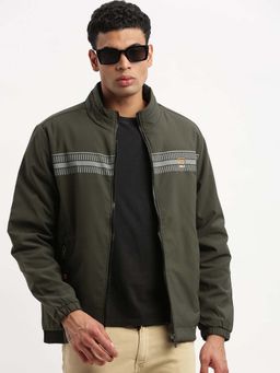 SHOWOFF - Mens Mock Collar Olive Solid Bomber Jacket
