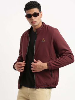 SHOWOFF - Mens Mock Collar Maroon Solid Bomber Jacket