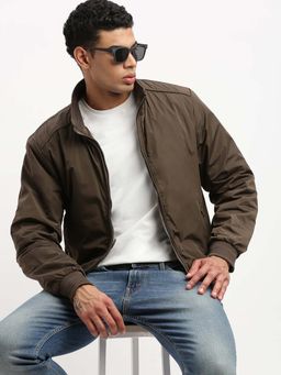SHOWOFFFF - Mens Mock Collar Brown Solid Bomber Jacket