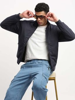 SHOWOFFFF - Mens Mock Collar Navy Blue Solid Bomber Jacket