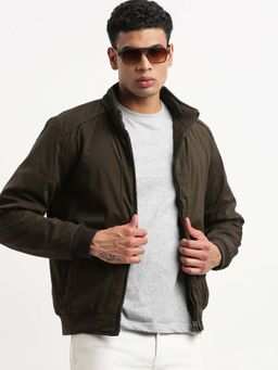 SHOWOFFFF - Mens Mock Collar Olive Solid Bomber Jacket