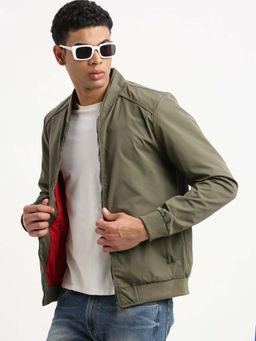 SHOWOFFFF - Mens Mandarin Collar Olive Solid Bomber Jacket
