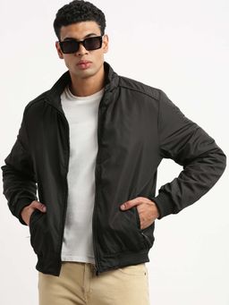 SHOWOFFFF - Mens Mock Collar Black Solid Bomber Jacket