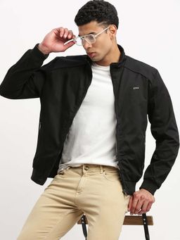 SHOWOFFFF - Mens Mock Collar Black Solid Bomber Jacket