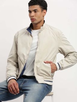 SHOWOFFFF - Mens Mock Collar Cream Solid Reversible Bomber Jacket
