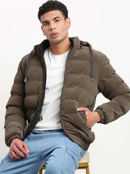 SHOWOFFFF - Mens Mock Collar Brown Solid Reversible Puffer Jacket Comes with Detachable Hoodie
