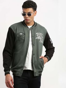 SHOWOFFFF - Mens Mandarin Collar Green Colourblocked Varsity Jacket