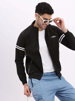 SHOWOFFFF - Mens Mock Collar Black Solid Bomber Jacket