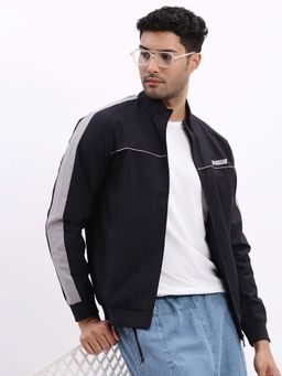 SHOWOFFFF - Mens Mock Collar Navy Blue Solid Bomber Jacket