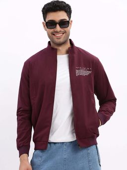 SHOWOFFFF - Mens Mock Collar Wine Solid Bomber Jacket