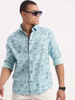SHOWOFF - Mens Long Sleeves Floral Blue Shirt