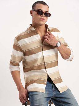 SHOWOFF - Mens Long Sleeves Horizontal Stripes Brown Shirt