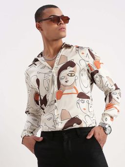 SHOWOFFFF - Mens Long Sleeves Printed Cream Party Shirt