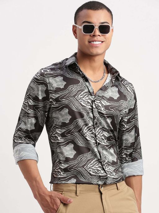 SHOWOFFFF Mens Long Sleeves Abstract Black Party Shirt