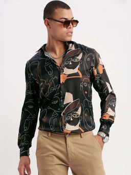 SHOWOFF - Mens Long Sleeves Printed Black Party Shirt