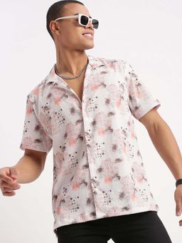 SHOWOFF - Mens Short Sleeves Cuban Collar Printed Off White Shirt