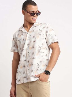 SHOWOFF - Mens Short Sleeves Cuban Collar Printed Off White Shirt