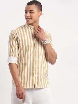 SHOWOFF - Mens Long Sleeves Mandarin Collar Vertical Stripes Khaki Shirt