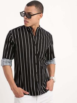 SHOWOFF - Mens Long Sleeves Mandarin Collar Vertical Stripes Black Shirt