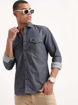 SHOWOFF - Mens Long Sleeves Solid Navy Blue Shirt