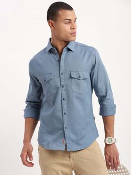 SHOWOFF - Mens Long Sleeves Solid Blue Shirt