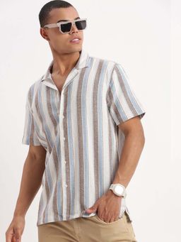 SHOWOFFFF - Mens Short Sleeves Cuban Collar Vertical Stripes White Shirt