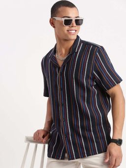 SHOWOFF - Mens Short Sleeves Cuban Collar Vertical Stripes Navy Blue Shirt