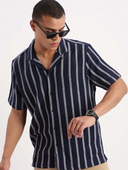SHOWOFF - Mens Short Sleeves Cuban Collar Vertical Stripes Navy Blue Shirt