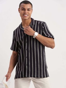 SHOWOFFFF - Mens Short Sleeves Cuban Collar Vertical Stripes Blue Shirt