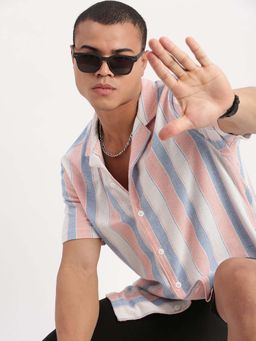 SHOWOFFFF - Mens Short Sleeves Cuban Collar Vertical Stripes Multi-Color Shirt