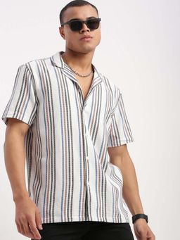 SHOWOFFFF - Mens Short Sleeves Cuban Collar Vertical Stripes White Shirt