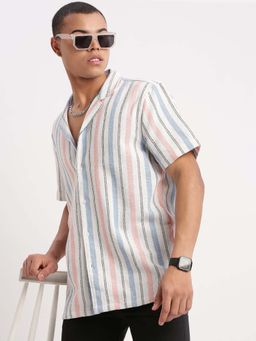 SHOWOFF - Mens Short Sleeves Cuban Collar Vertical Stripes Multi-Color Shirt
