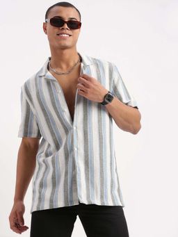 SHOWOFF - Mens Short Sleeves Cuban Collar Vertical Stripes Multi-Color Shirt