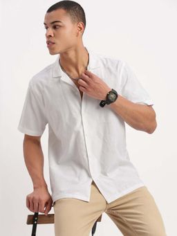SHOWOFFFF - Mens Short Sleeves Cuban Collar Solid White Shirt