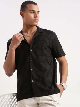 SHOWOFF - Mens Short Sleeves Cuban Collar Embroidered Black Shirt