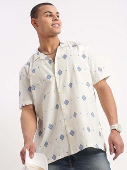 SHOWOFFFF - Mens Short Sleeves Cuban Collar Printed Cream Shirt