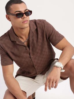 SHOWOFF - Mens Short Sleeves Cuban Collar Solid Brown Shirt