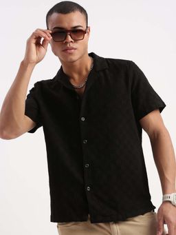 SHOWOFFFF - Mens Short Sleeves Cuban Collar Solid Black Shirt