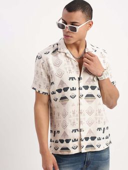 SHOWOFFFF - Mens Short Sleeves Cuban Collar Geometric Cream Shirt