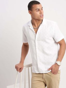 SHOWOFFFF - Mens Short Sleeves Cuban Collar Solid White Shirt