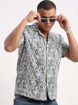 SHOWOFFFF - Mens Short Sleeves Cuban Collar Geometric Teal Shirt
