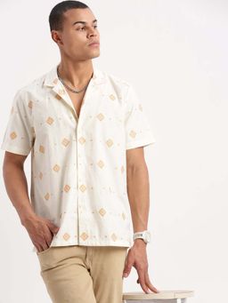 SHOWOFFFF - Mens Short Sleeves Cuban Collar Printed Cream Shirt