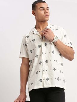 SHOWOFFFF - Mens Short Sleeves Cuban Collar Printed Cream Shirt