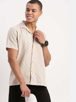 SHOWOFF - Mens Short Sleeves Cuban Collar Self Design Beige Shirt