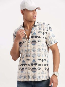 SHOWOFFFF - Mens Short Sleeves Cuban Collar Printed Cream Shirt