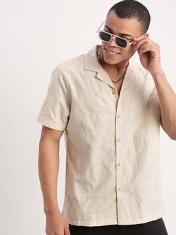 SHOWOFF - Mens Short Sleeves Cuban Collar Self Design Beige Shirt