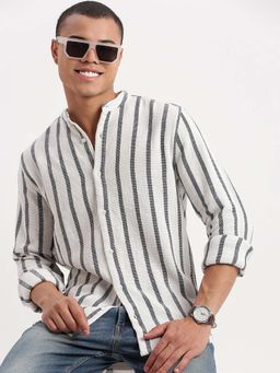 SHOWOFFFF - Mens Long Sleeves Mandarin Collar Vertical Stripes White Shirt