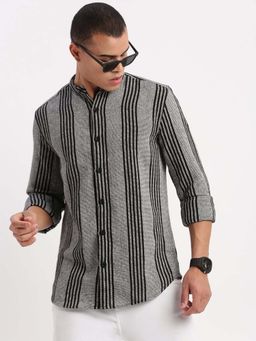 SHOWOFFFF - Mens Long Sleeves Mandarin Collar Vertical Stripes Grey Shirt