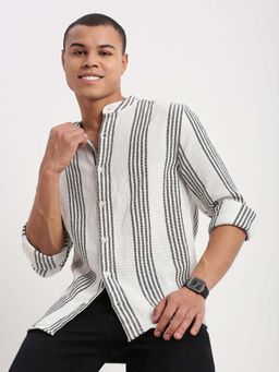 SHOWOFFFF - Mens Long Sleeves Mandarin Collar Vertical Stripes White Shirt