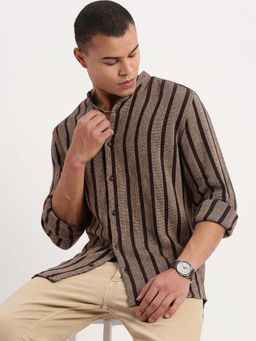 SHOWOFF - Mens Long Sleeves Mandarin Collar Vertical Stripes Brown Shirt